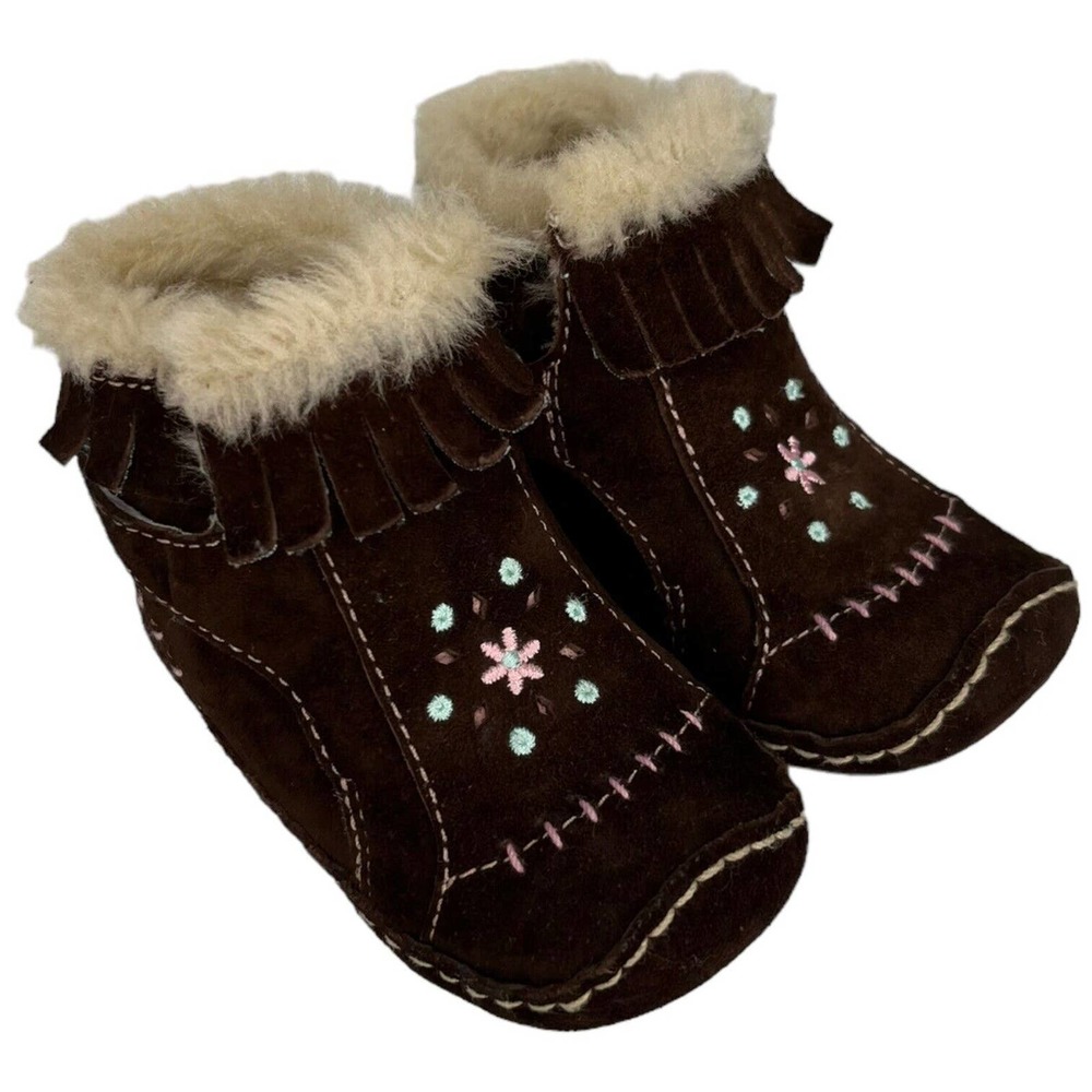 Stride Rite Leather Chincilla Moccasin Booties Embroidered Girls Brown 3